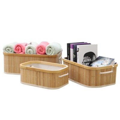 Set of three Household  Bamboo Storage Basket Drawers with bamboo ring  for Sundries